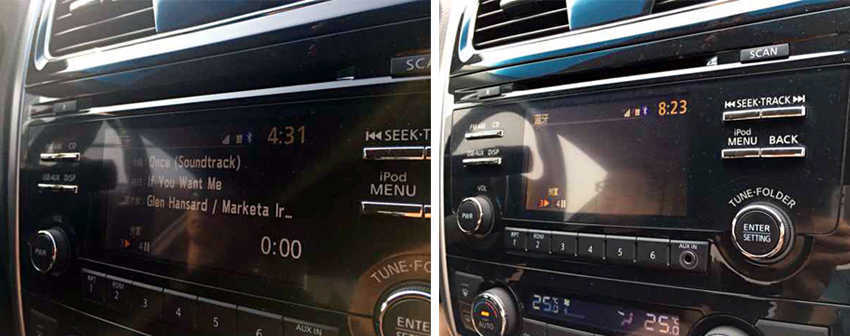 iPhone 与 T1 在播放音乐时车载屏幕的不同表现